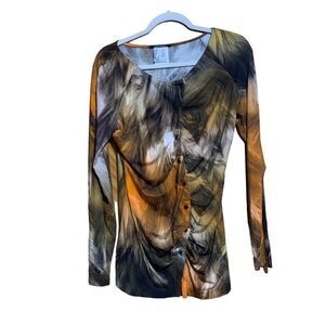 Apriori Womens Size 8 Multicolor Abstract Print Ruched Button Artsy Blouse